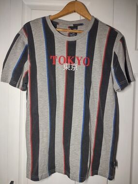 TOKYO Y2K Men's Striped Grey Tee with Red, Black & Blue Details| Medium